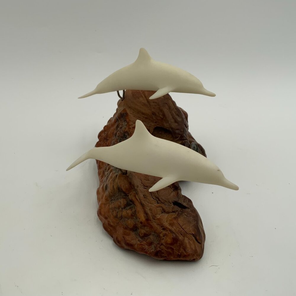 Vintage John Perry 2 Dolphins Sculpture Mounted on Burlwood 6 1/2" Long